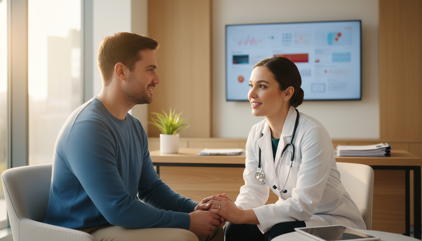 A healthcare provider in a modern clinic having a warm conversation with a patient, natural light from windows.